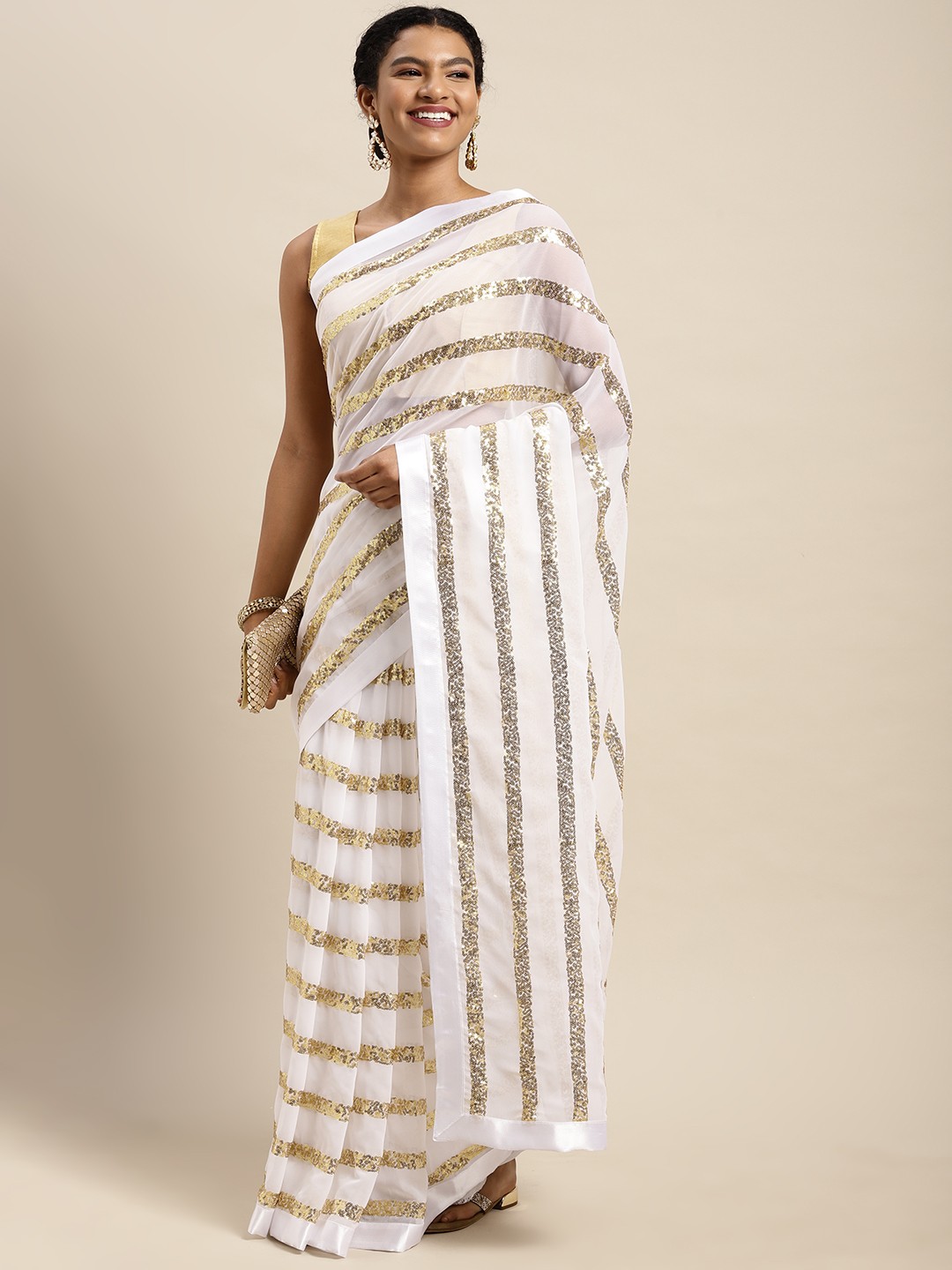 

Mitera Women White & Golden Striped Sequinned Saree