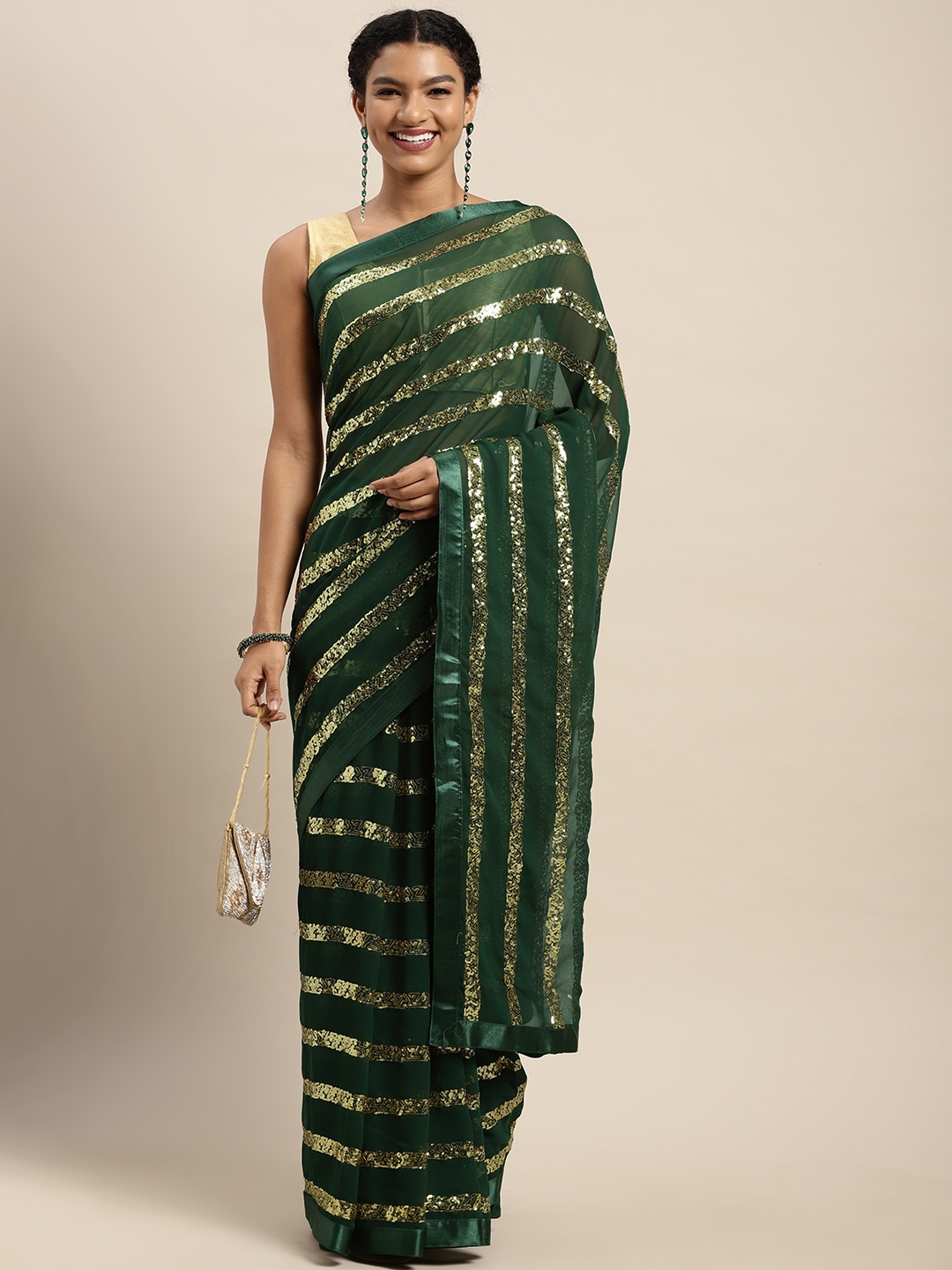 

Mitera Women Green & Golden Striped Sequinned Saree