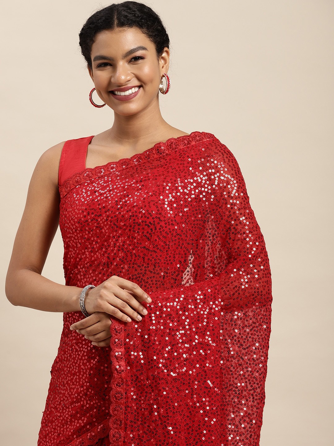 

Mitera Red Sequinned Saree