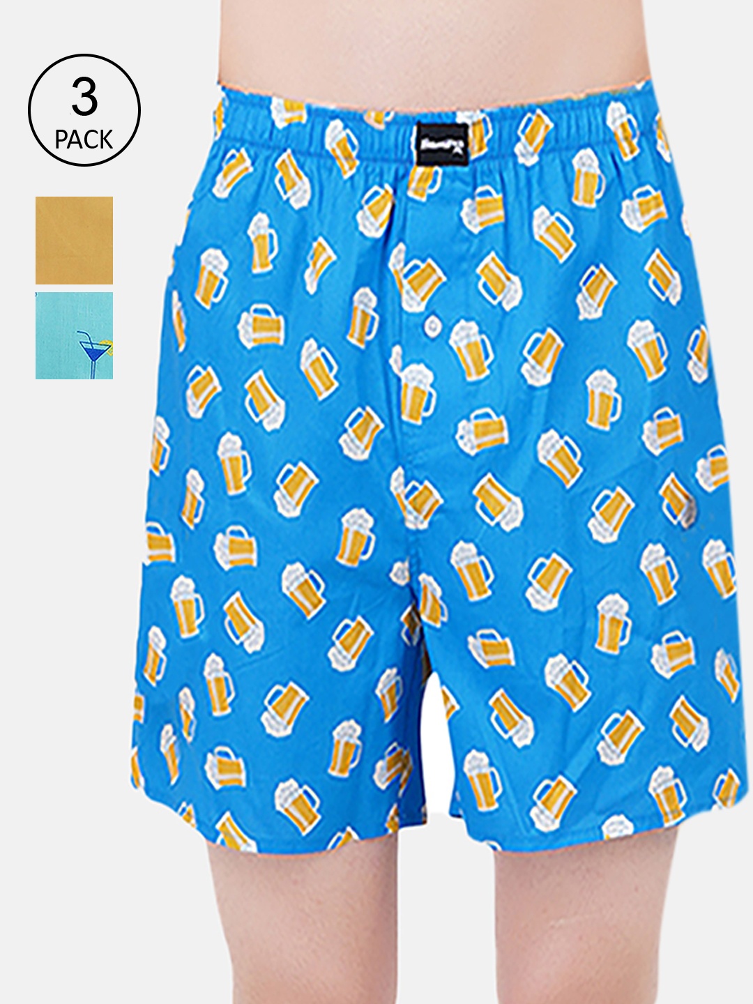 

Smugglerz Men Mustard & Blue 3 Printed Lounge Shorts