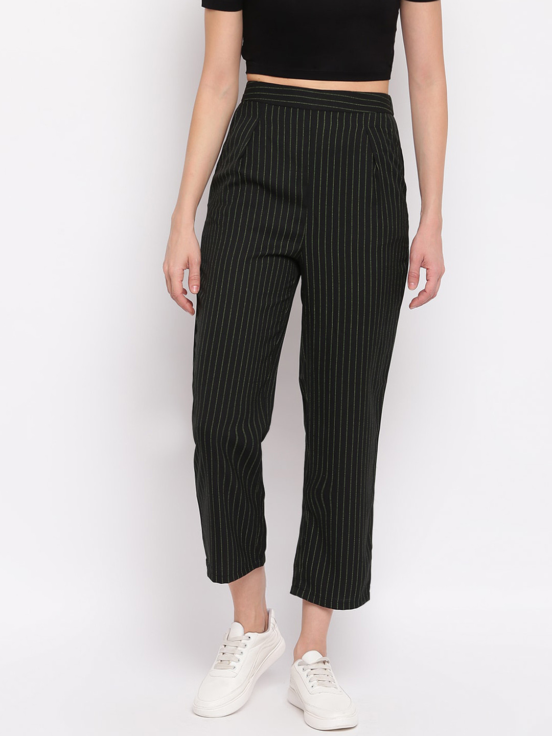 

Mayra Women Black Striped Cotton Regular Fit Trousers
