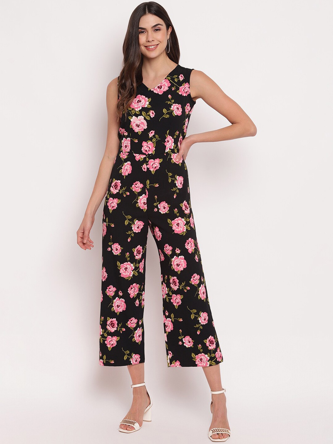 

Mayra Black & Pink Floral Printed Basic Jumpsuit