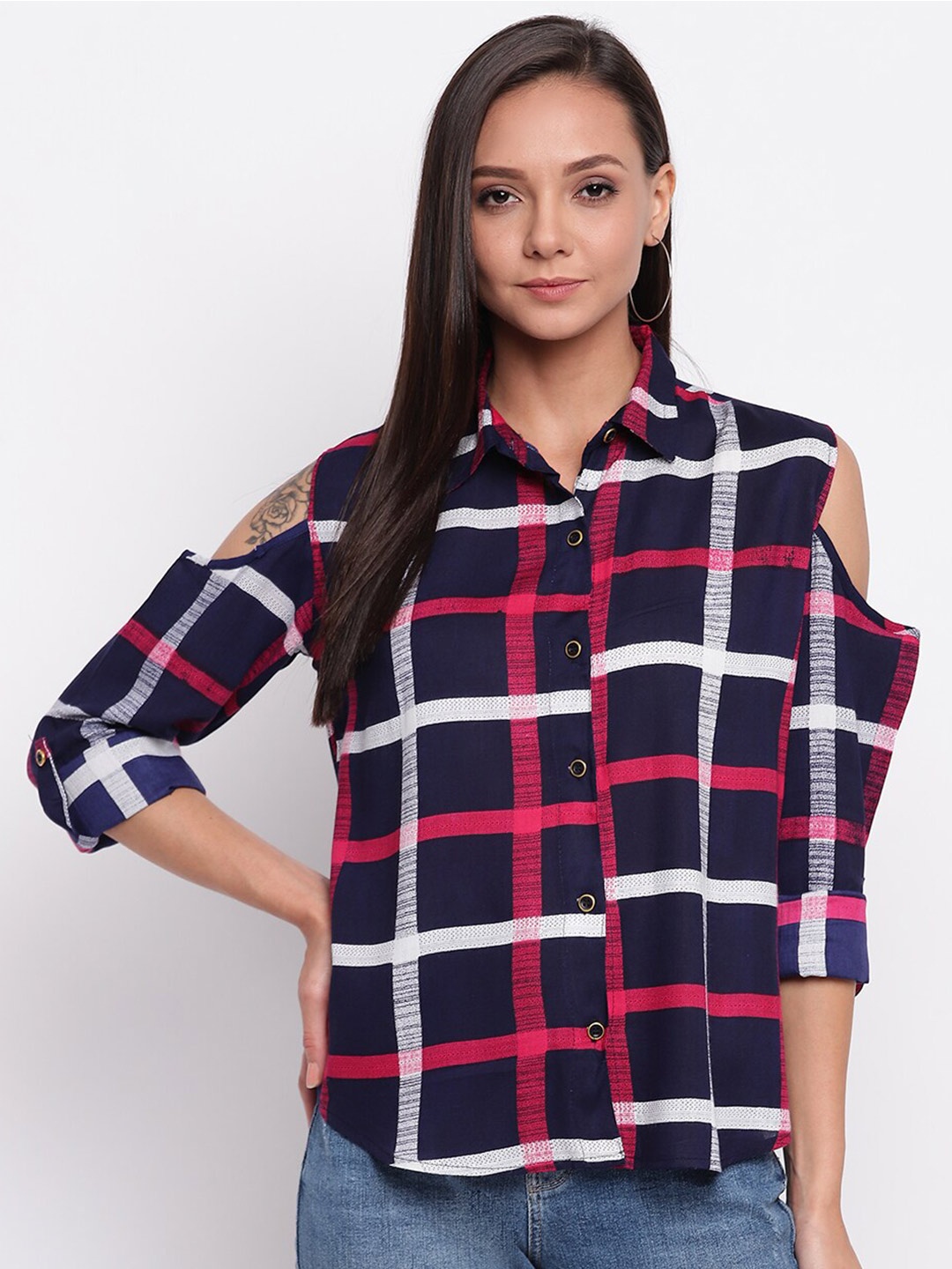 

Mayra Women Navy Blue Checked Casual Shirt