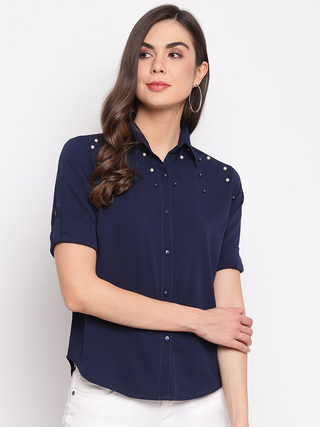 

Mayra Women Navy Blue Slim Fit Casual Shirt