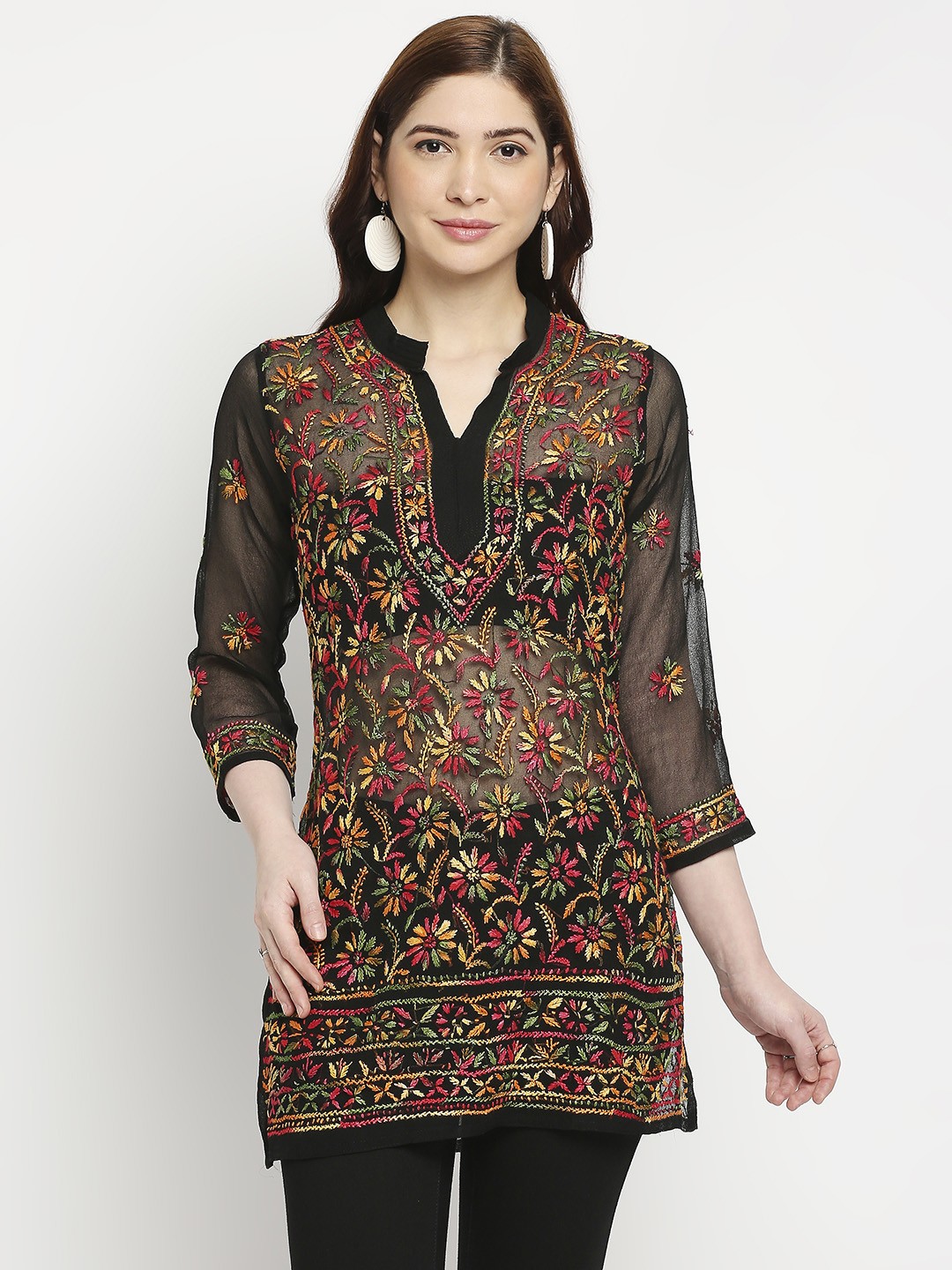 

Indiankala4u Black Floral Print Mandarin Collar Top
