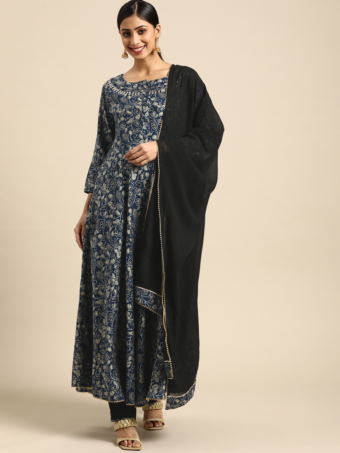

Prakhya Women Navy Blue Floral Printed Kurta with Palazzos & With Dupatta