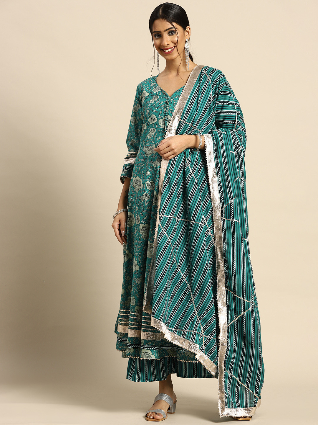 

Prakhya Women Teal Ethnic Motifs Printed Panelled Kurta with Palazzos & With Dupatta