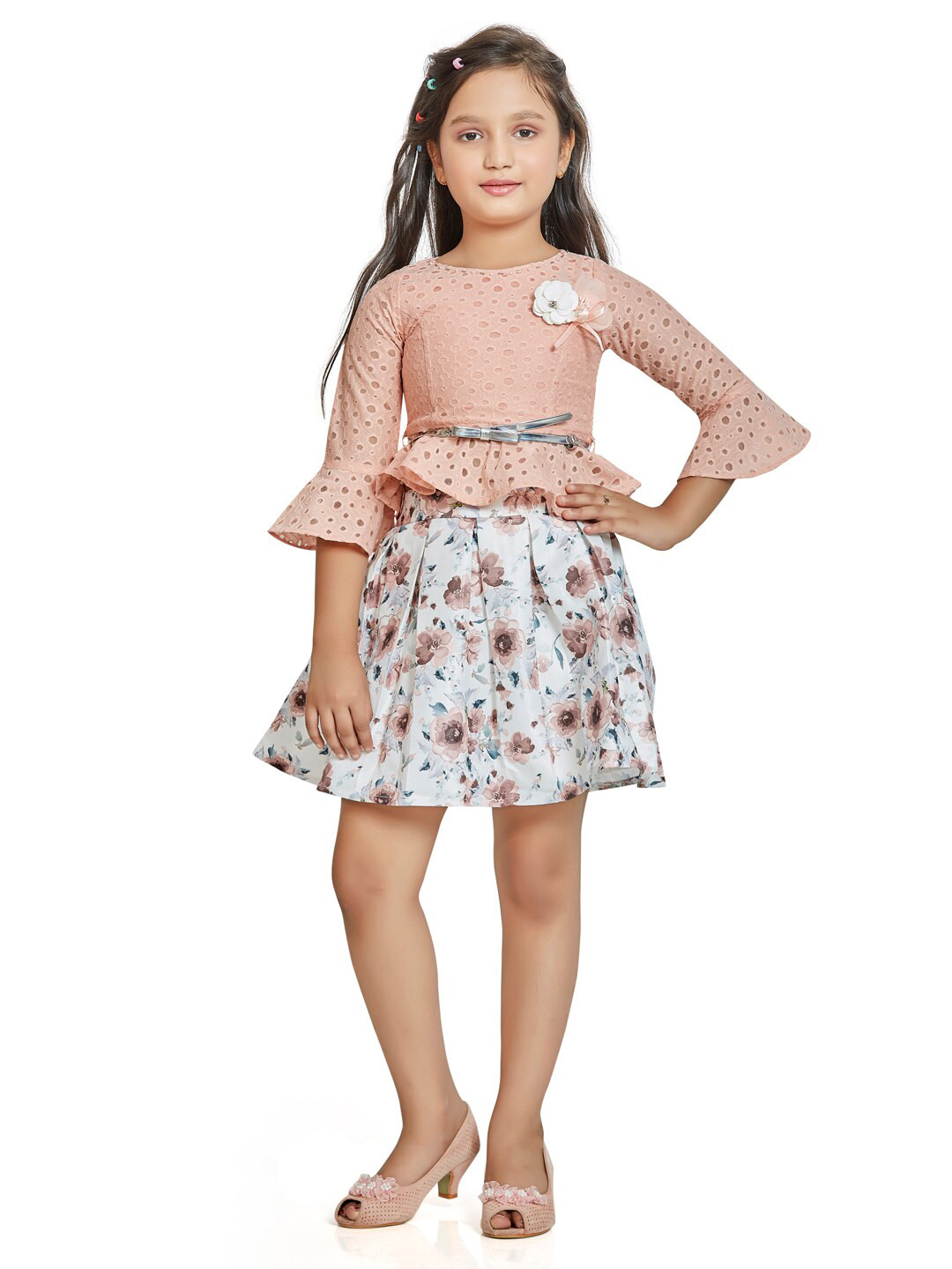 

Peppermint Girls Peach-Coloured & White Printed Top with Skirt