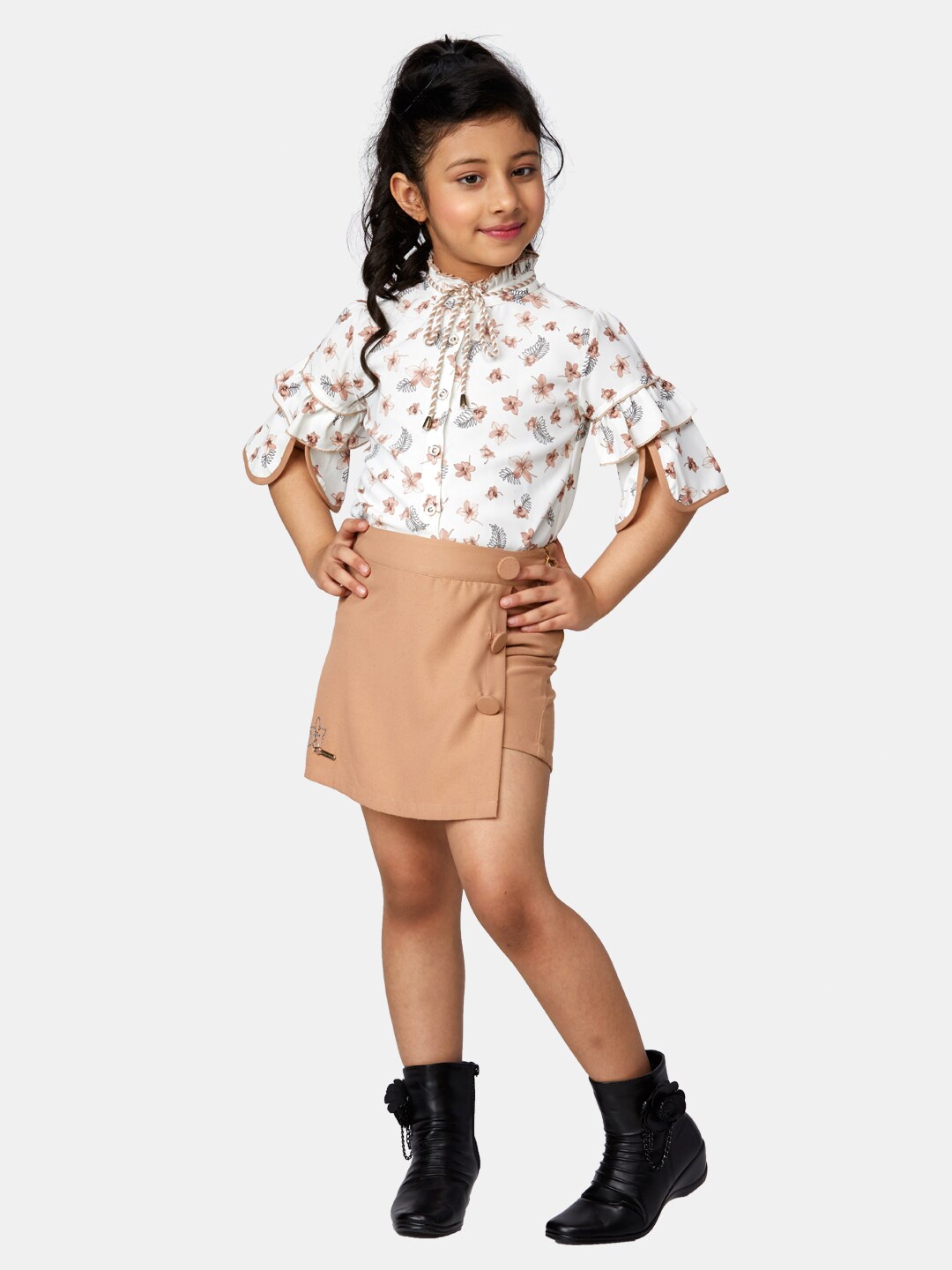 

Peppermint Girls Brown & White Printed Top with Skirt