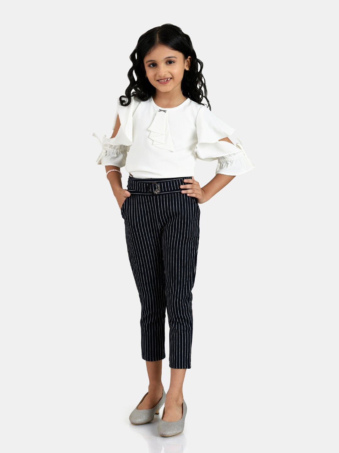 

Peppermint Girls White & Navy Blue Top with Trousers