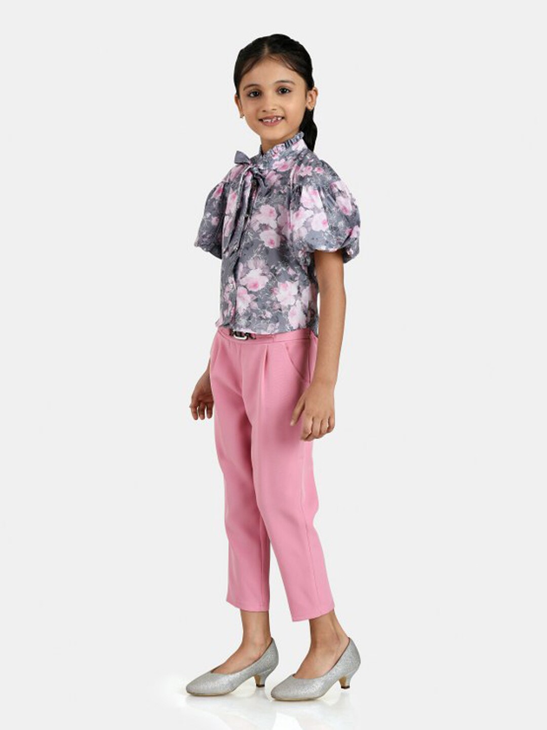 

Peppermint Girls Peach-Coloured & Grey Printed Top with Trousers