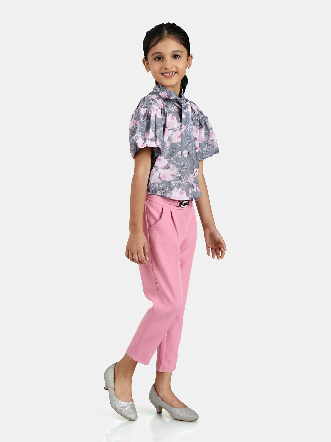 

Peppermint Girls Peach-Coloured & Grey Printed Top with Trousers