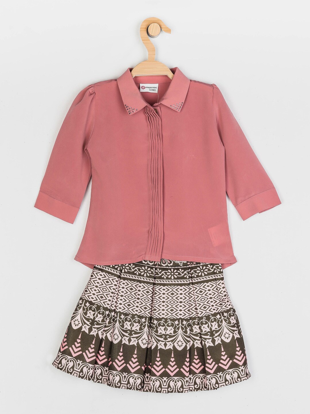 

Peppermint Girls Peach-Coloured & Brown Shirt with Skirt