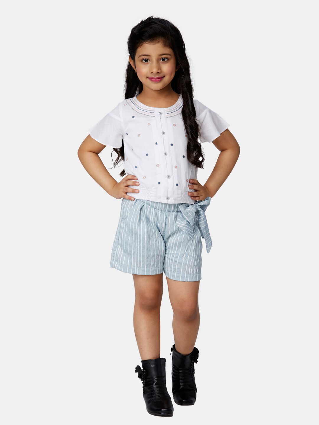 

Peppermint Girls Blue & White Embellished Top with Shorts