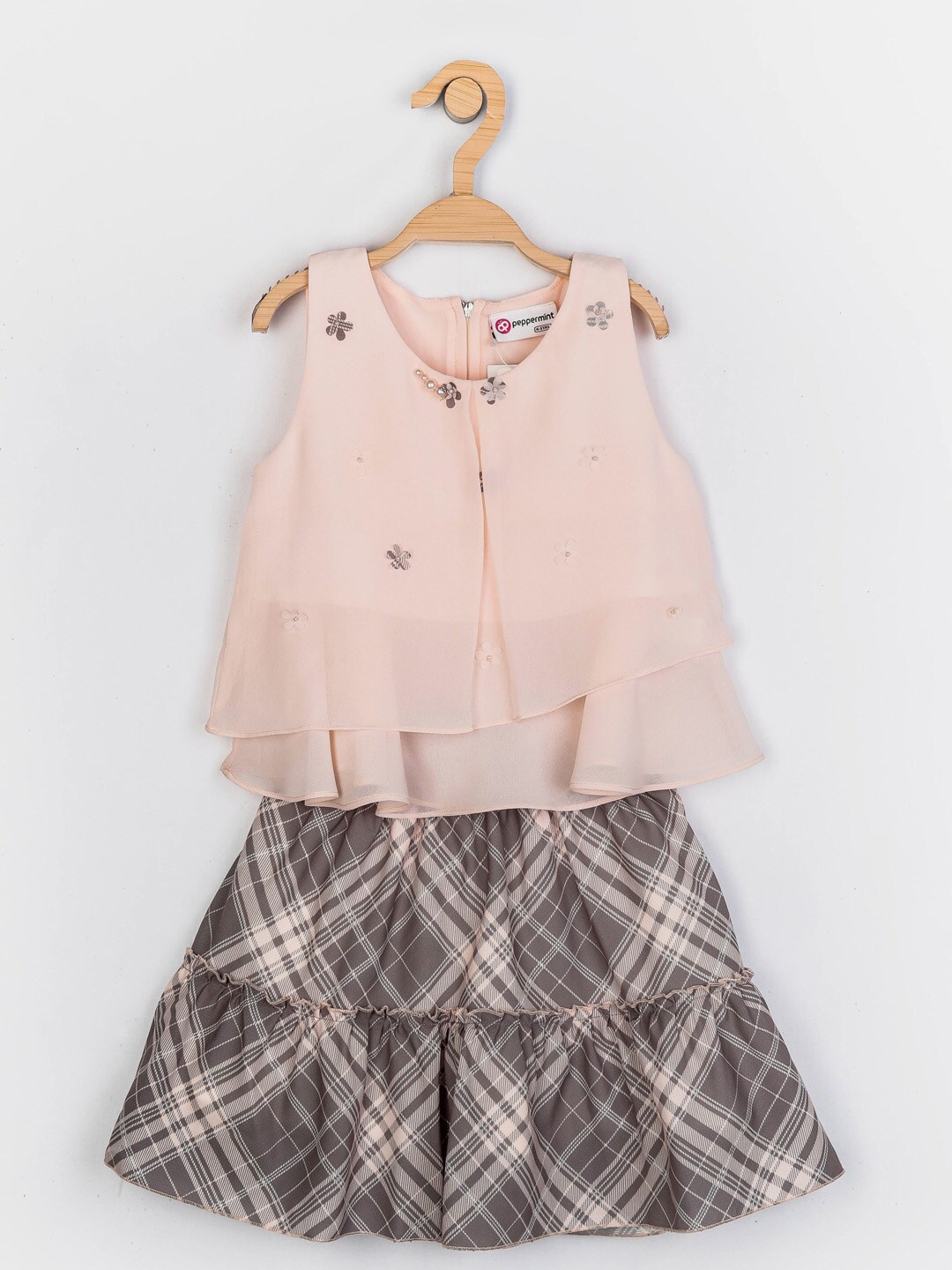 

Peppermint Girls Peach-Coloured & Grey Printed Layered Top with Skirt