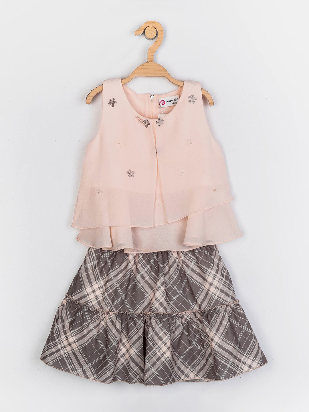 

Peppermint Girls Peach-Coloured & Grey Top with Skirt