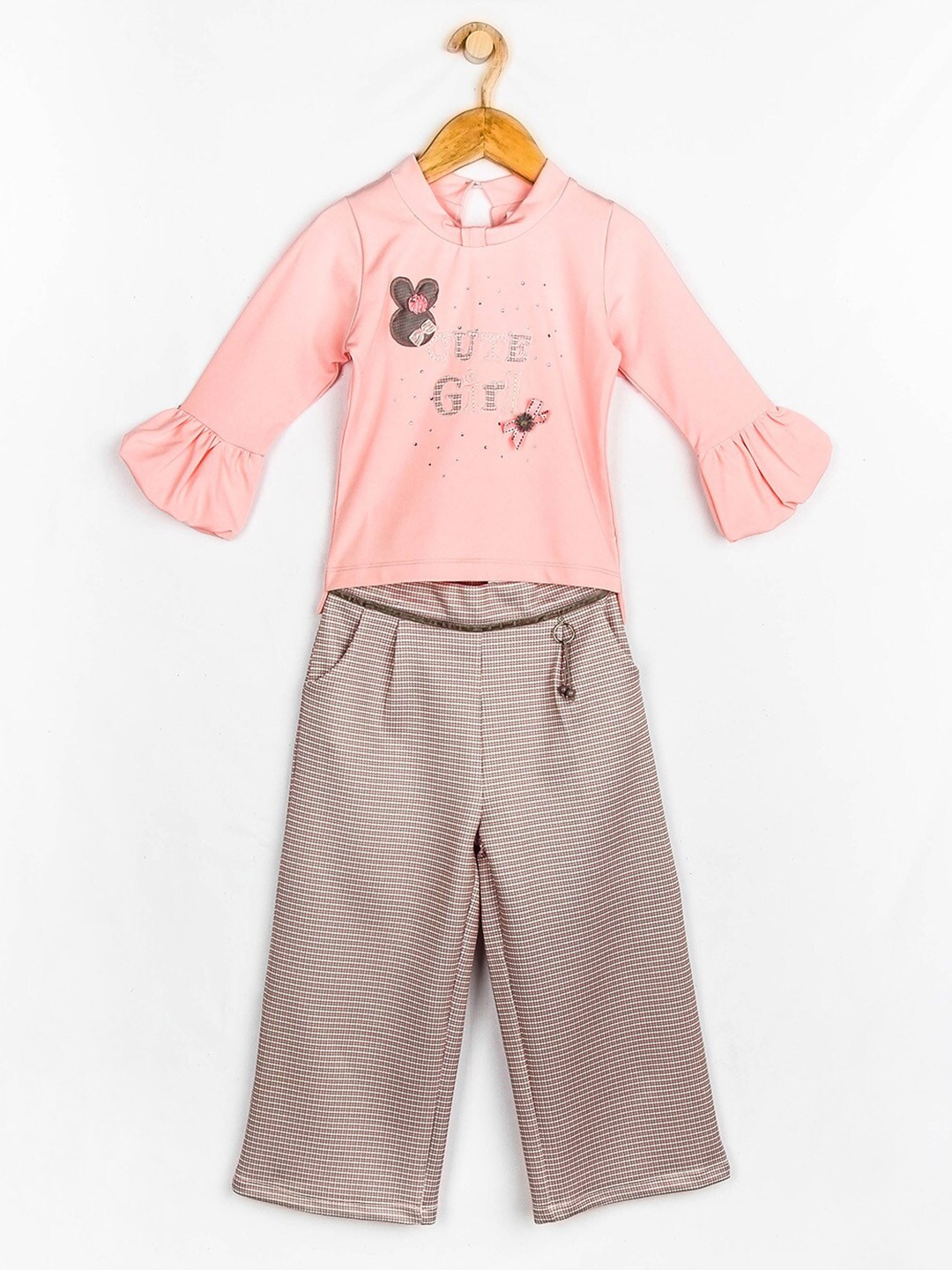 

Peppermint Girls Peach-Coloured & Brown Printed Top with Trousers
