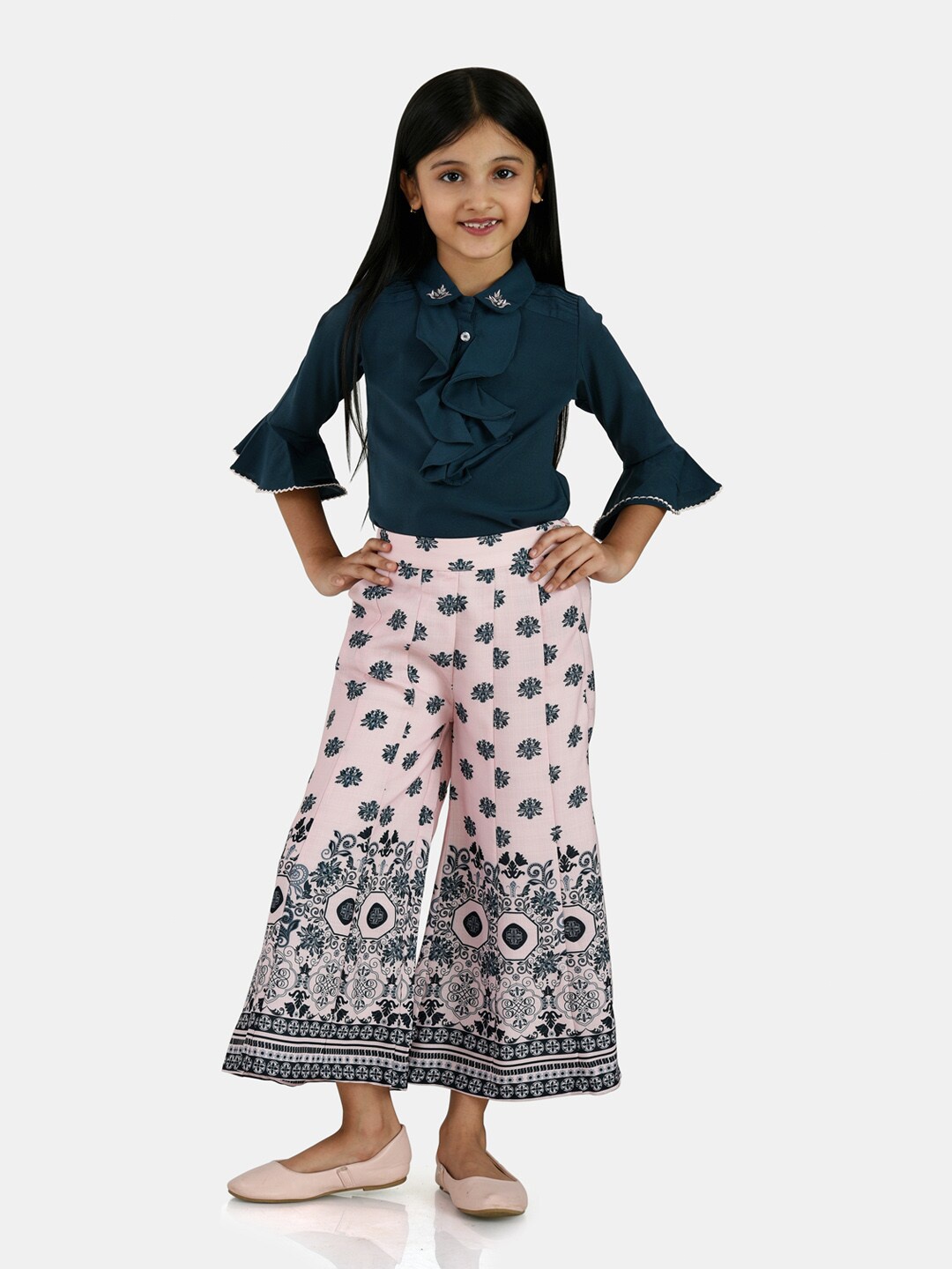 

Peppermint Girls Peach-Coloured & Navy Blue Printed Top with Trousers