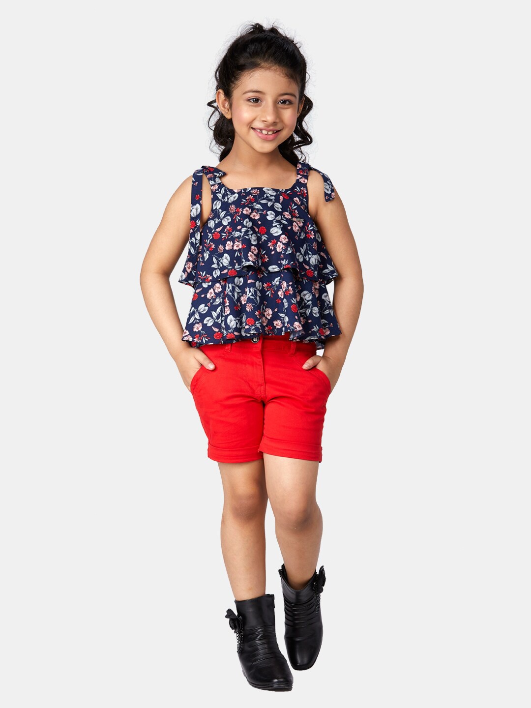 

Peppermint Girls Red & Navy Blue Printed Top with Shorts