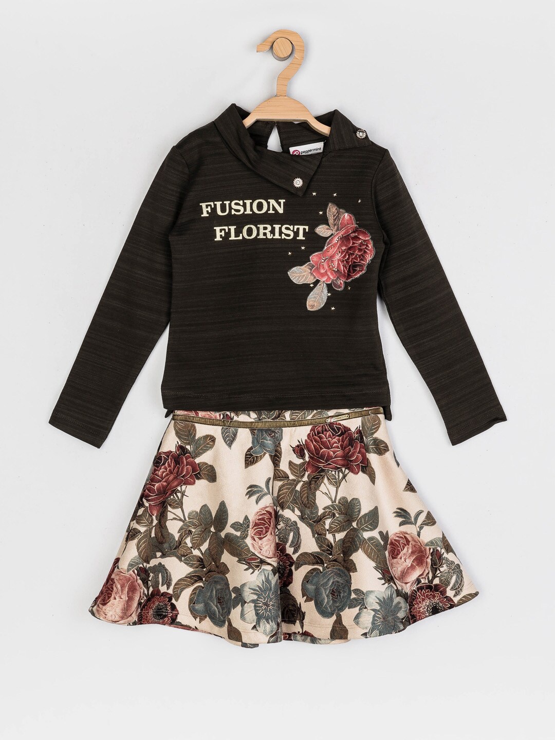

Peppermint Girls Olive Green & Pink Printed Top with Skirt