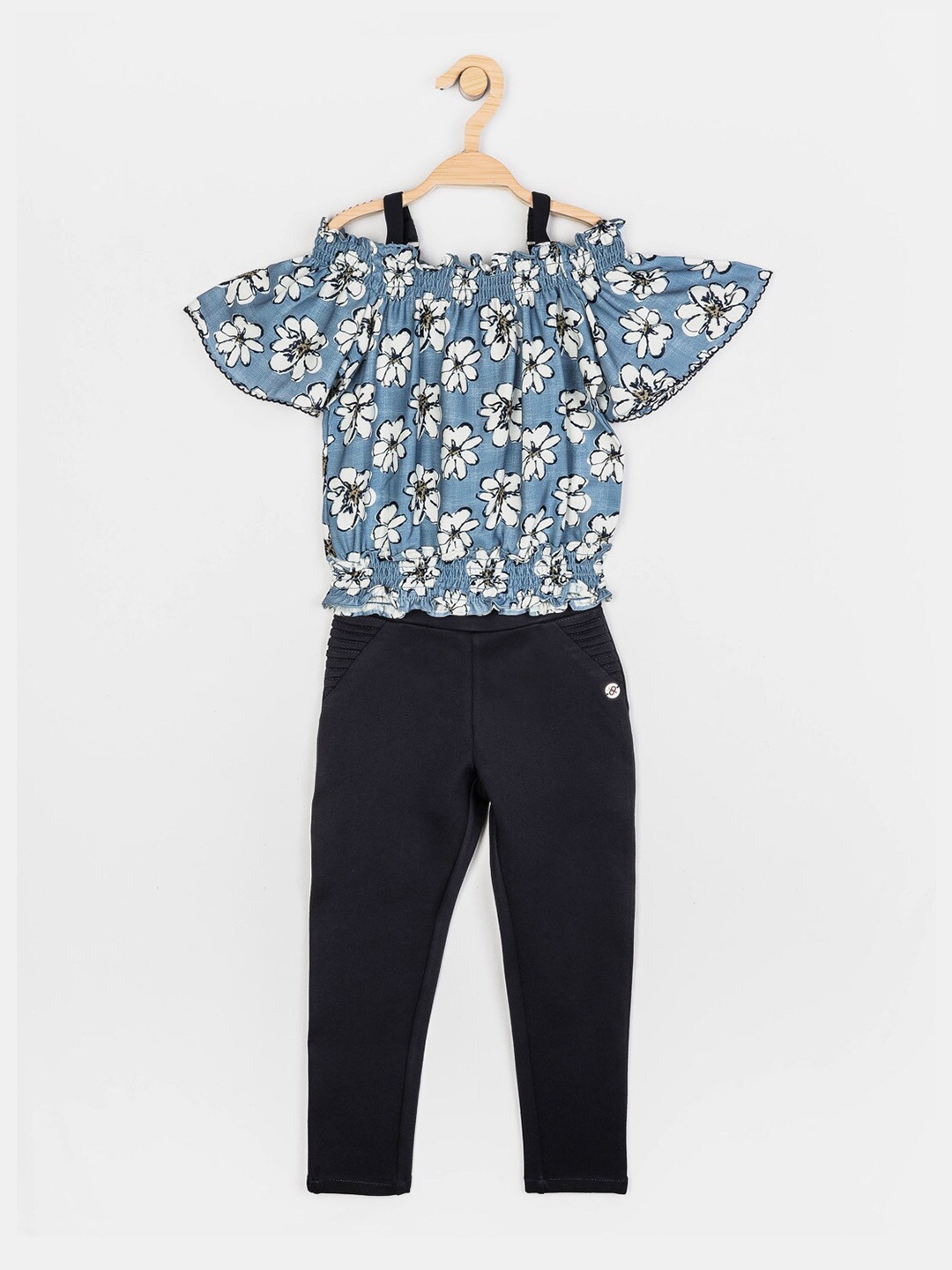 

Peppermint Girls Blue & Navy Blue Floral Printed Top with Trousers