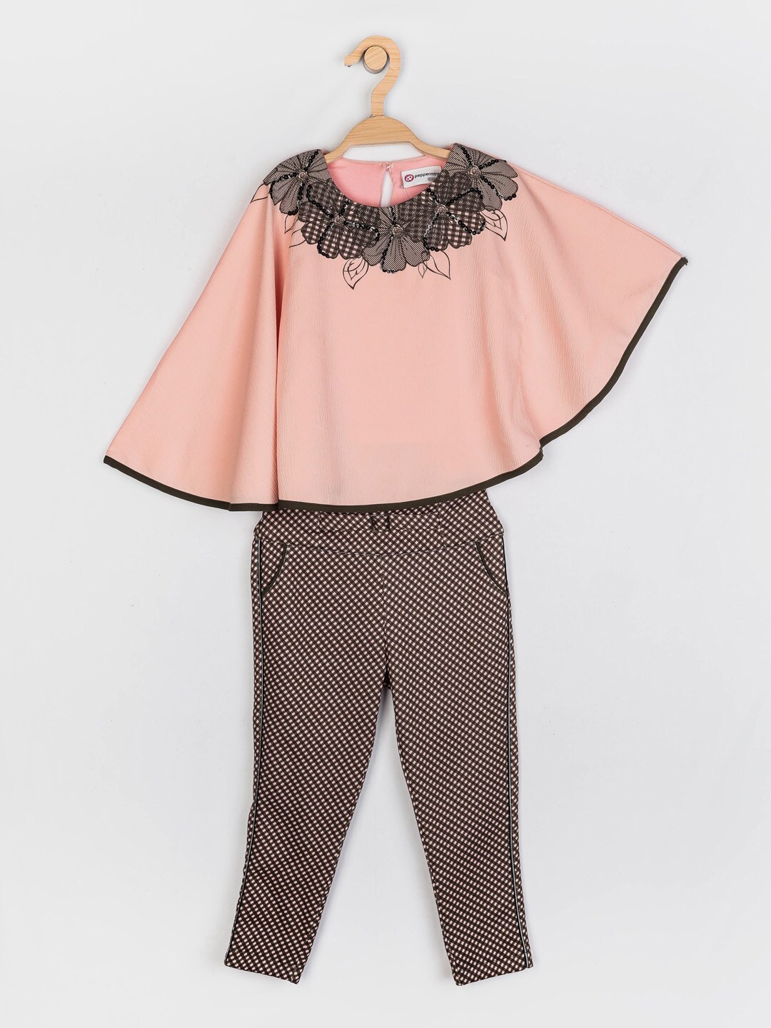 

Peppermint Girls Peach-Coloured & Brown Checked Top with Trousers