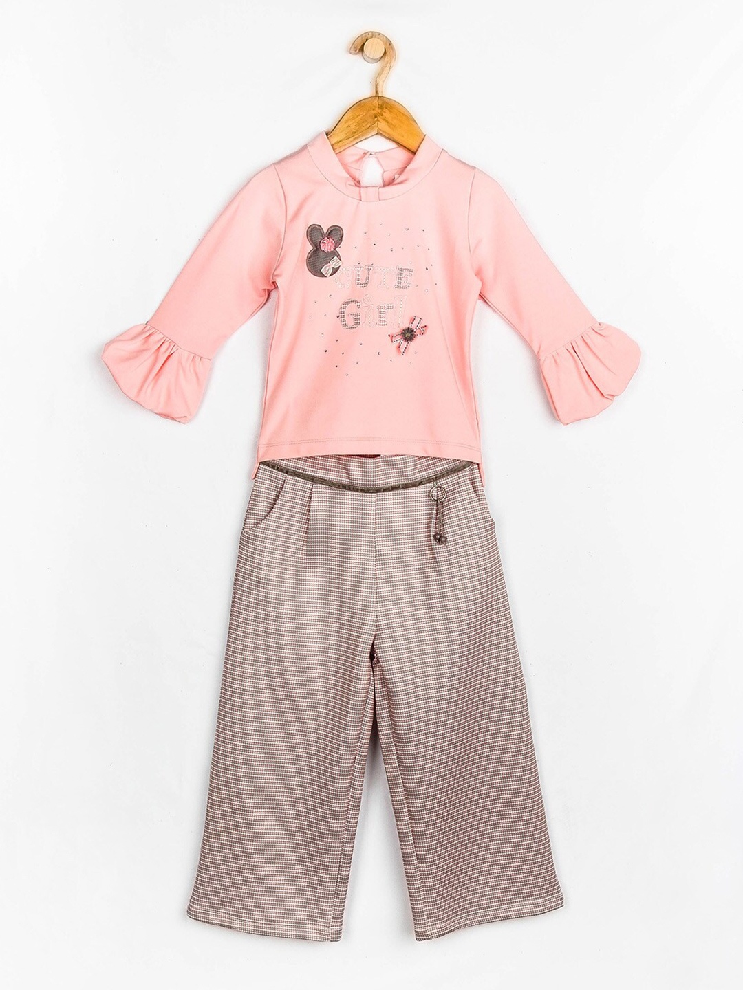 

Peppermint Girls Peach-Coloured & Grey Printed Top with Trousers