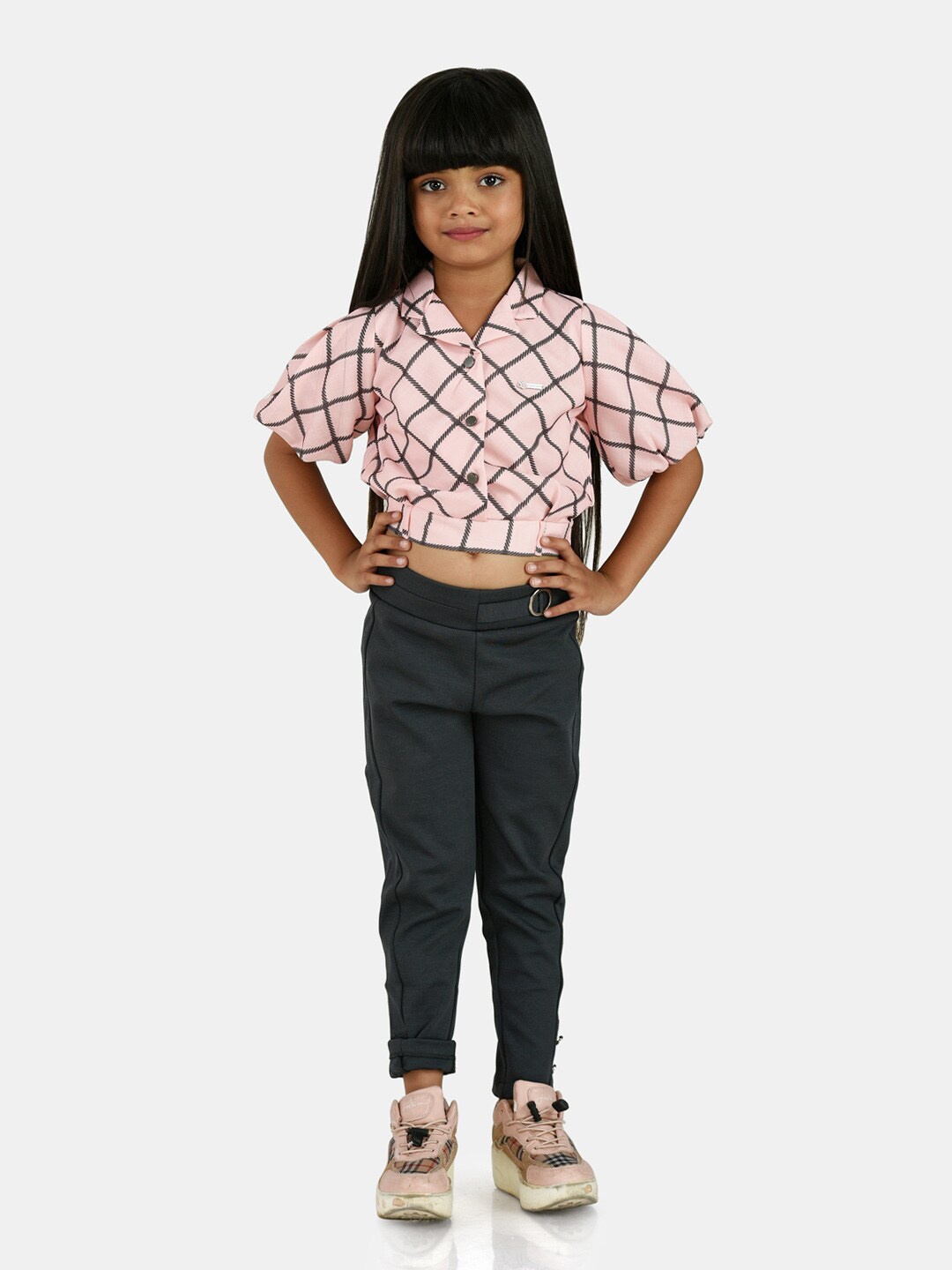 

Peppermint Girls Peach-Coloured & Grey Checked Top with Trousers