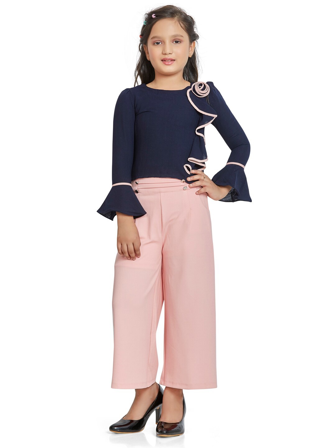 

Peppermint Girls Peach-Coloured & Navy Blue Top with Trousers