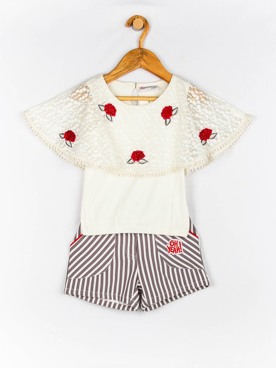 

Peppermint Girls Off White & Grey Embellished Top with Shorts