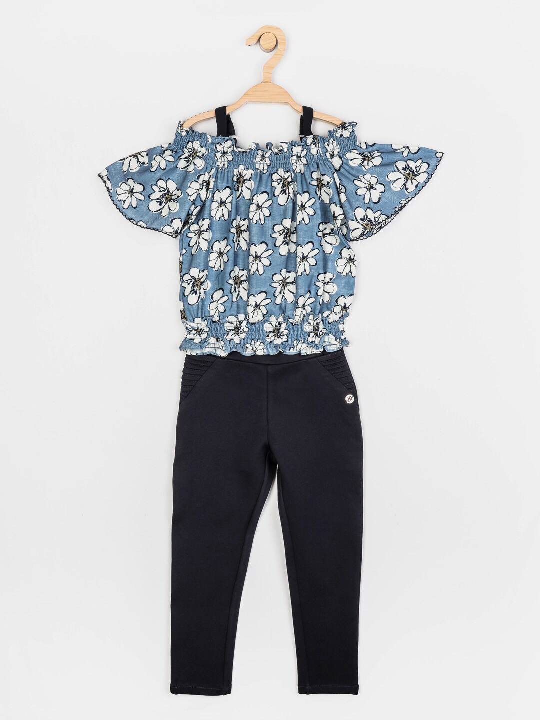 

Peppermint Girls Navy Blue & White Printed Top with Trousers