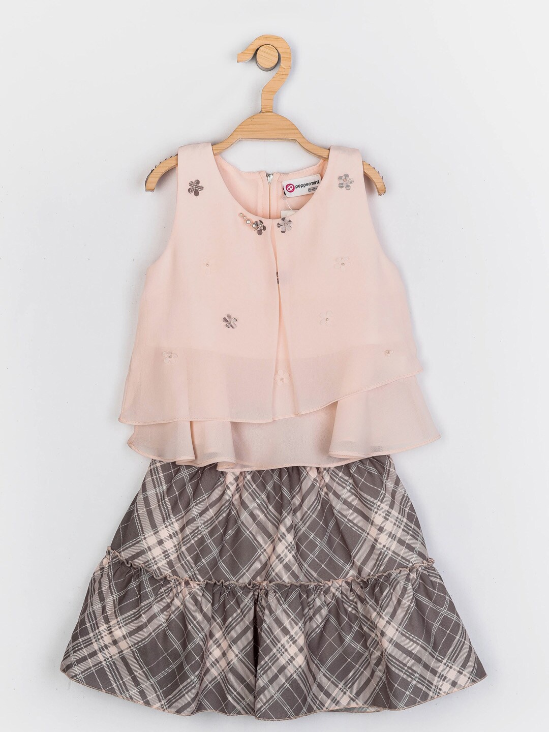 

Peppermint Girls Peach-Coloured & Grey Top with Checked Skirt