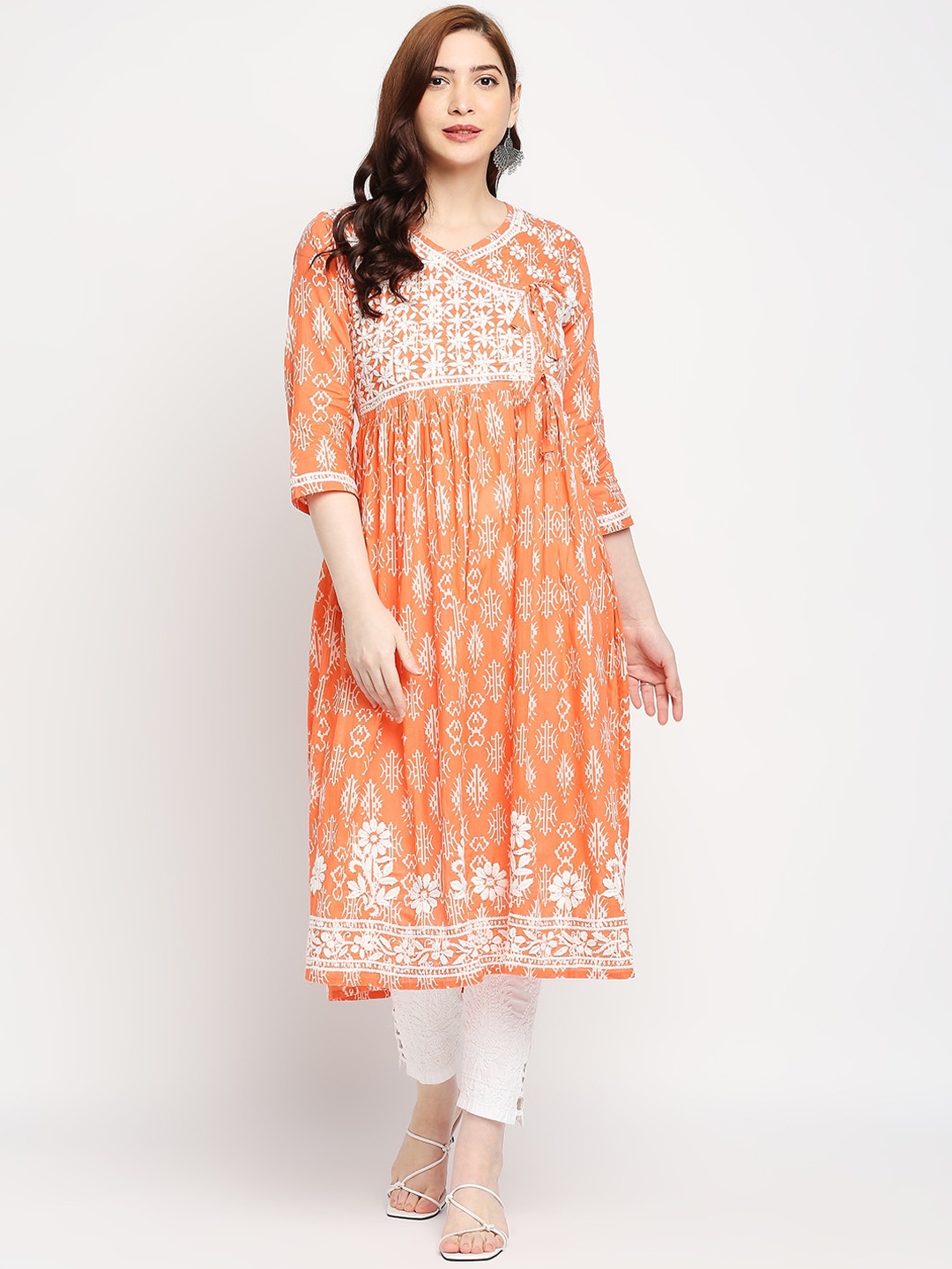 

Indiankala4u Women Orange Ethnic Motifs Printed Anarkali Kurta
