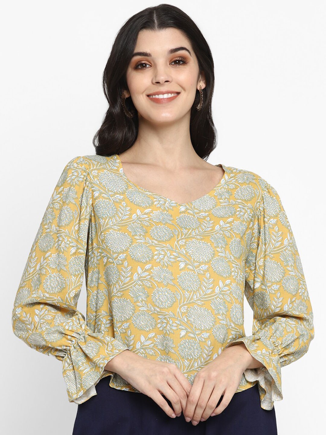 

DEEBACO Mustard Yellow Floral Printed Pure Cotton Top With Frilled Cuffed Sleeve