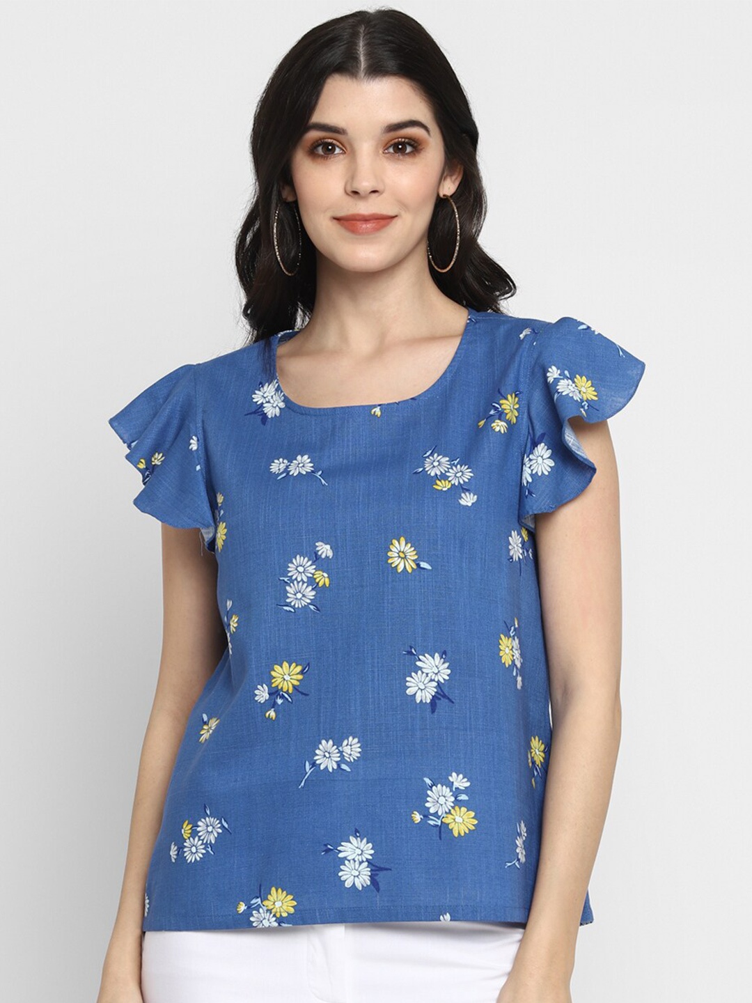 

DEEBACO Women Blue Floral Printed Pure Cotton Top