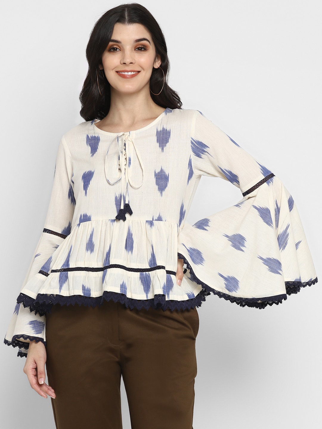 

DEEBACO Off White & Blue Print Tie-Up Neck Pure Cotton Peplum Top