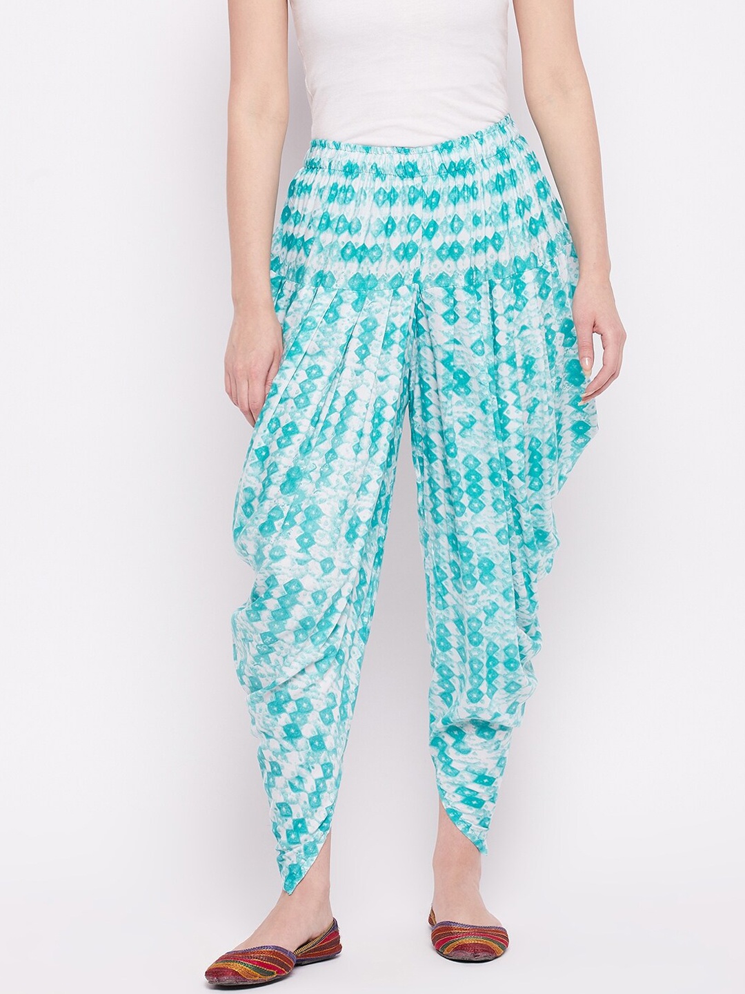 

Castle Lifestyle Women Turquoise Blue Geomatric Print Rayon Dhoti Pants, Sea green