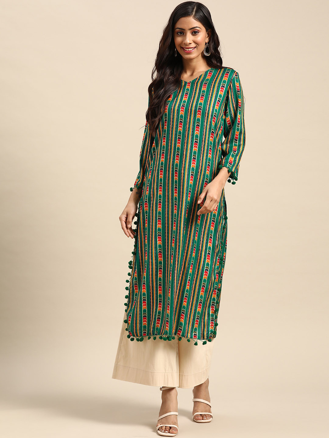 

Prakhya Women Green & Yellow Ethnic Motifs Print Straight Kurta