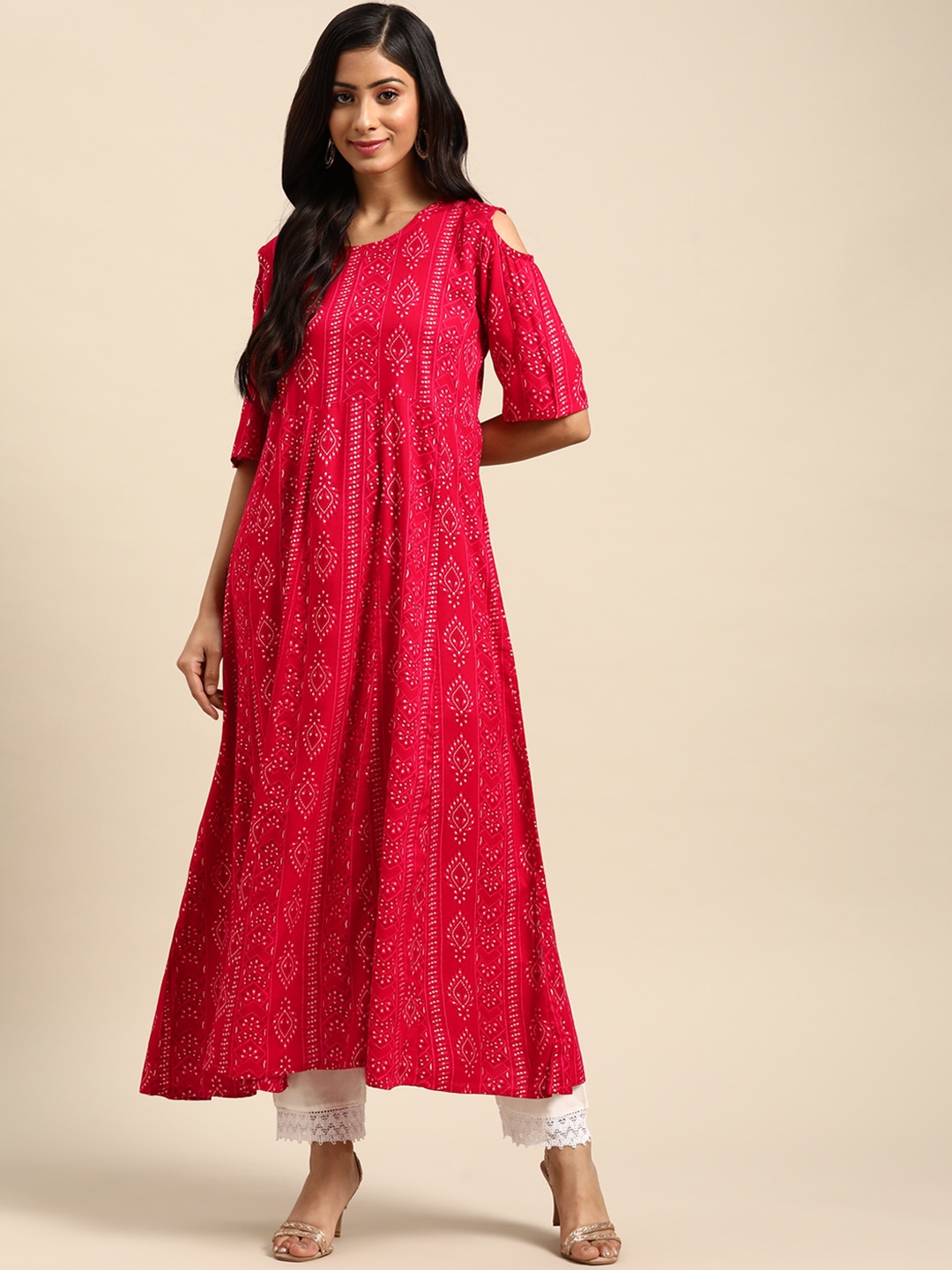 

Prakhya Women Red & White Ethnic Motifs Printed Cold-Shoulder Sleeves A-Line Kurta