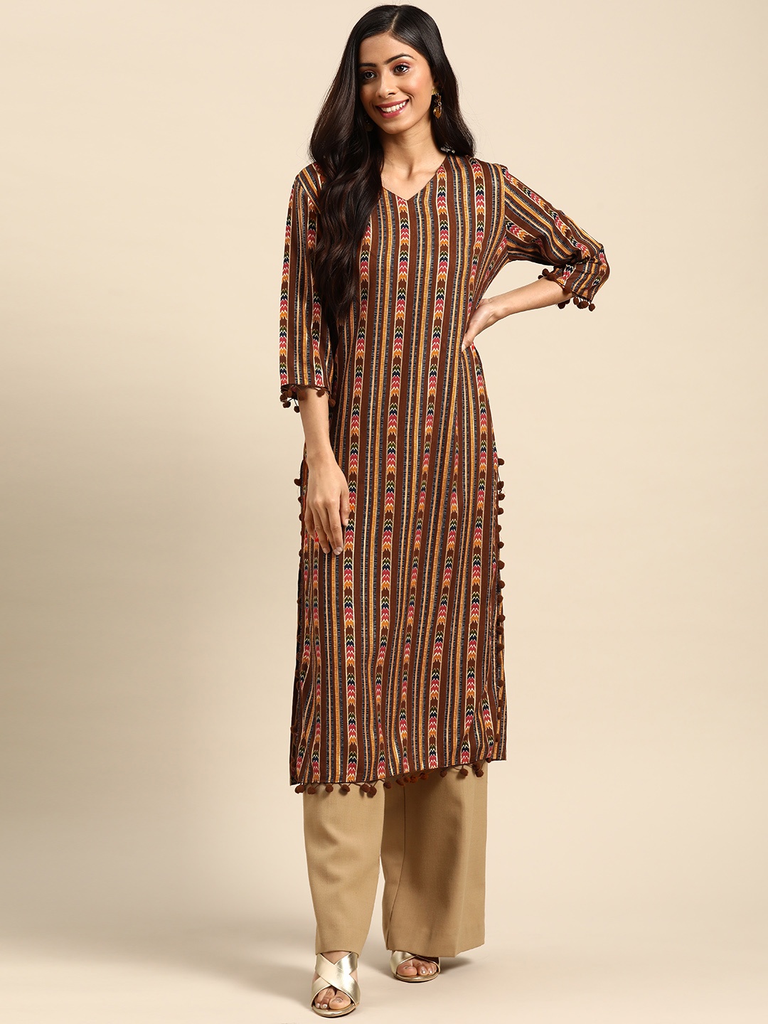 

Prakhya Women Coffee Brown & Mustard Yellow Ethnic Motifs Print Straight Kurta