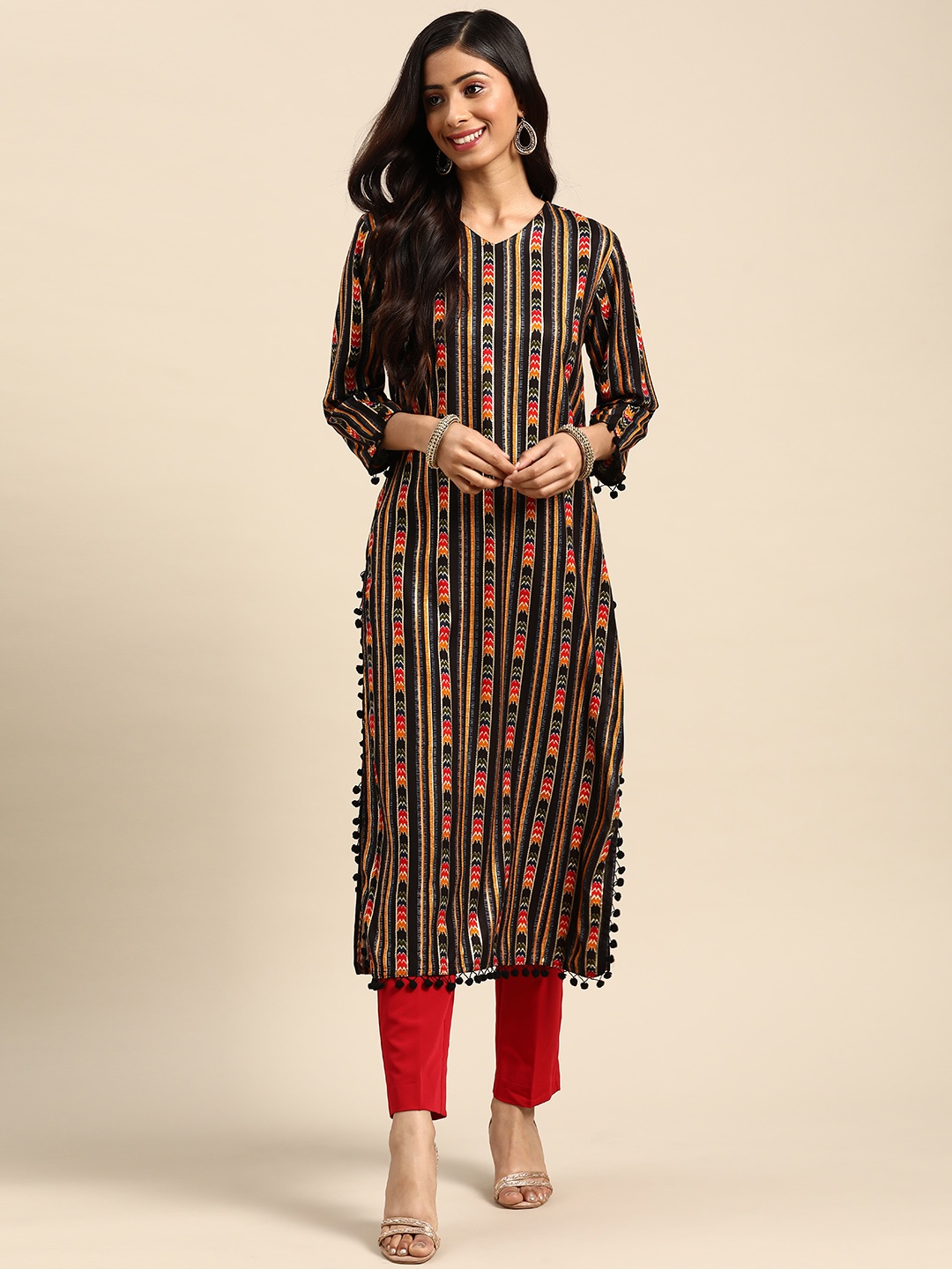 

Prakhya Women Black & Mustard Yellow Ethnic Motifs Print Straight Kurta