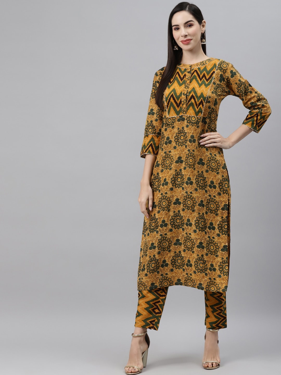 

Indibelle Women Mustard Yellow & Green Pure Cotton Ethnic Motifs Printed Kurta