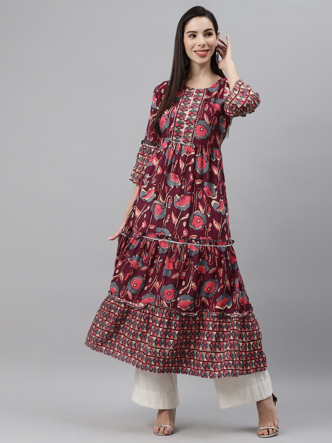 

Indibelle Women Maroon & Pink Ethnic Motifs Printed Gotta Patti Kurta