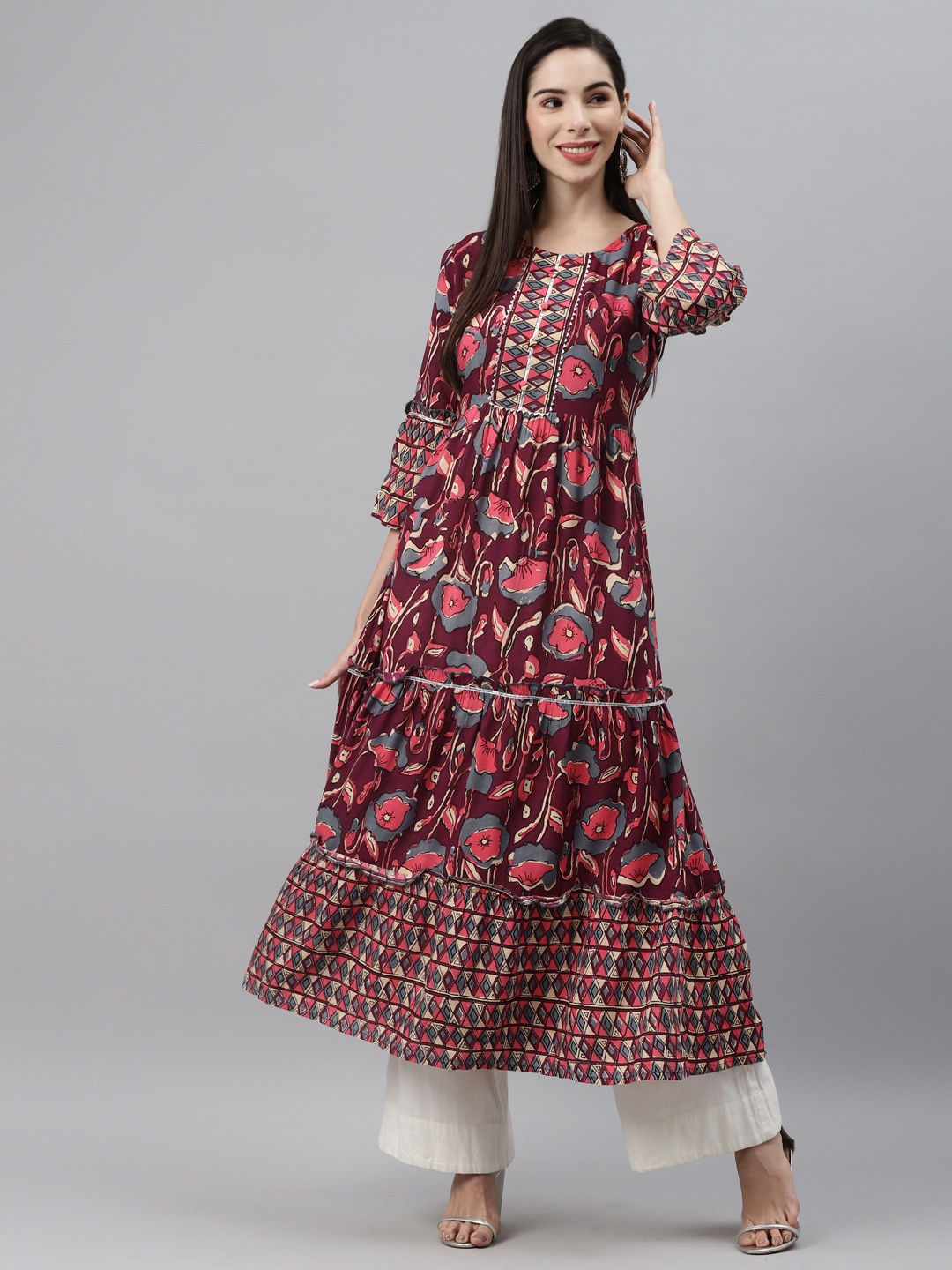 

Indibelle Women Maroon & Pink Ethnic Motifs Printed Gotta Patti Kurta