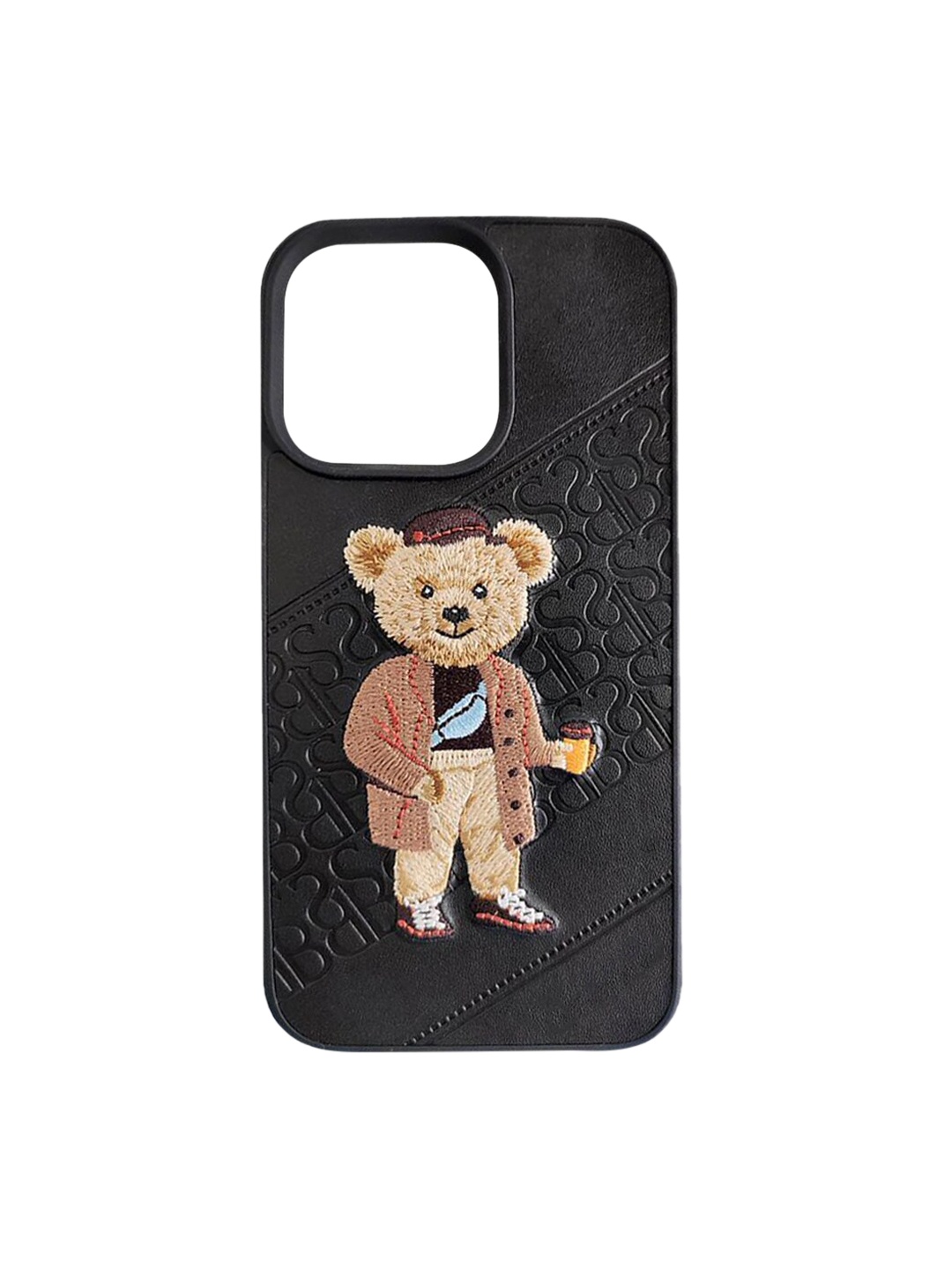 

TREEMODA Black & Beige SB Bear Embroidered iPhone 13 Leather Back Case