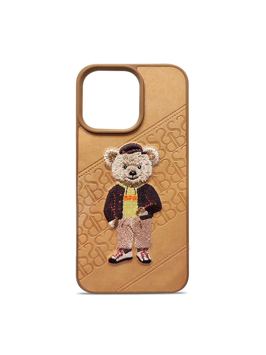 

TREEMODA Brown & Beige SB Bear Embroidered iPhone 13 Pro Leather Back Case