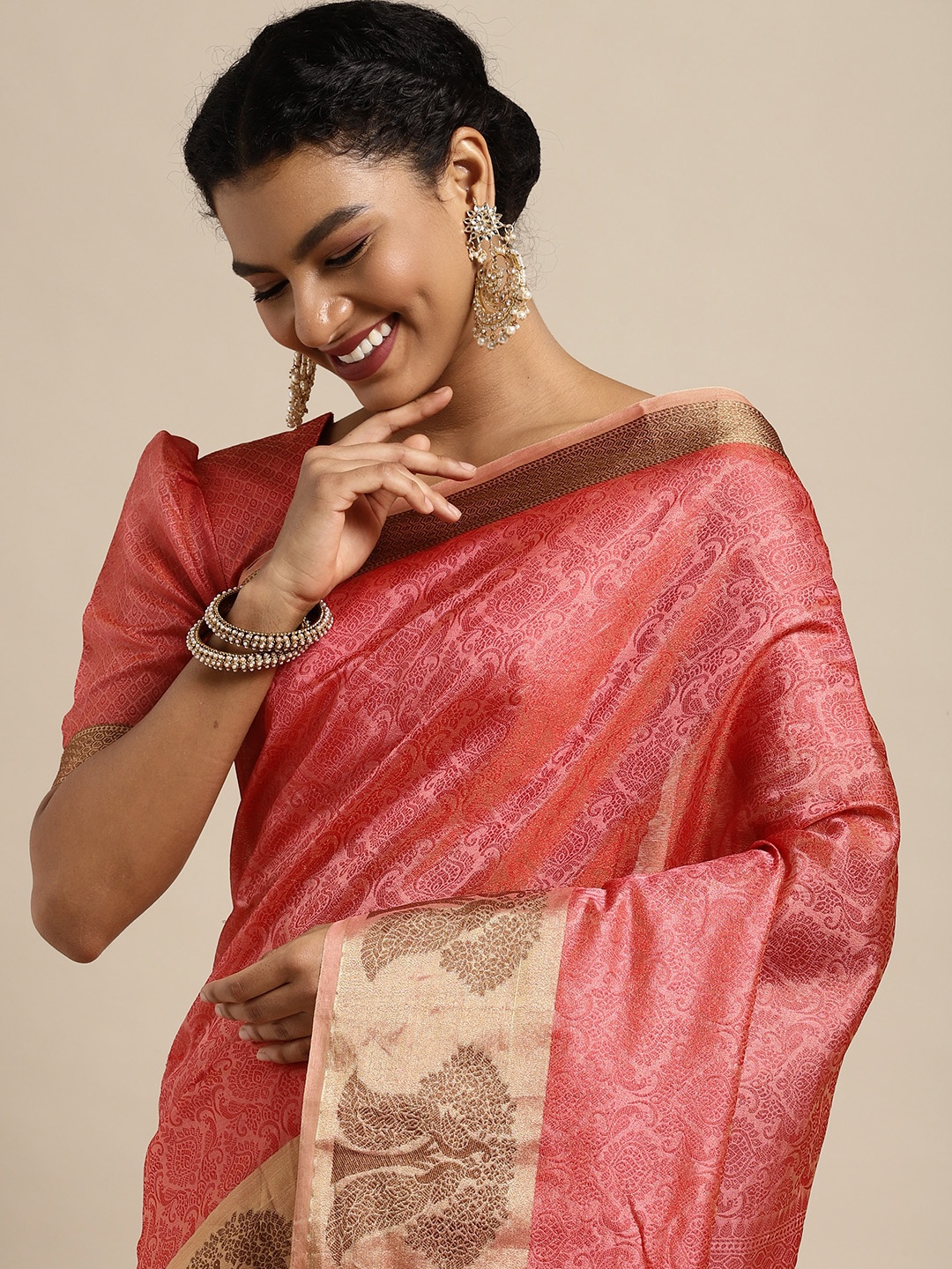 

Satrani Women Dusty Pink Ethnic Motifs Woven Design Organza Kanjeevaram Saree, Rose