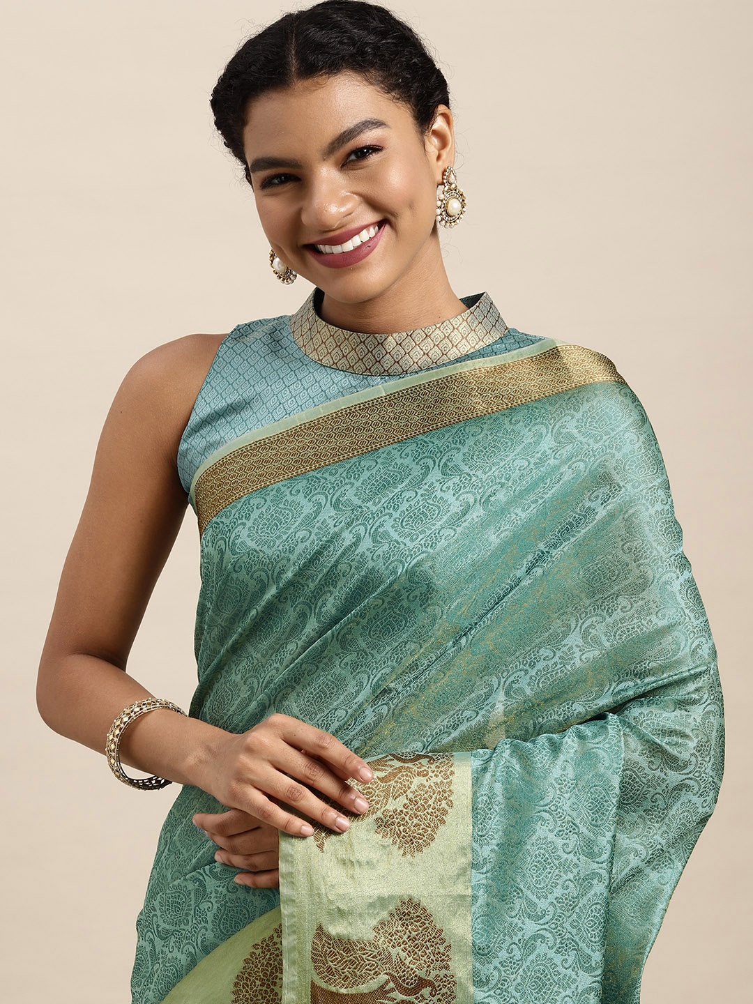 

Satrani Blue Ethnic Motifs Organza Kanjeevaram Saree