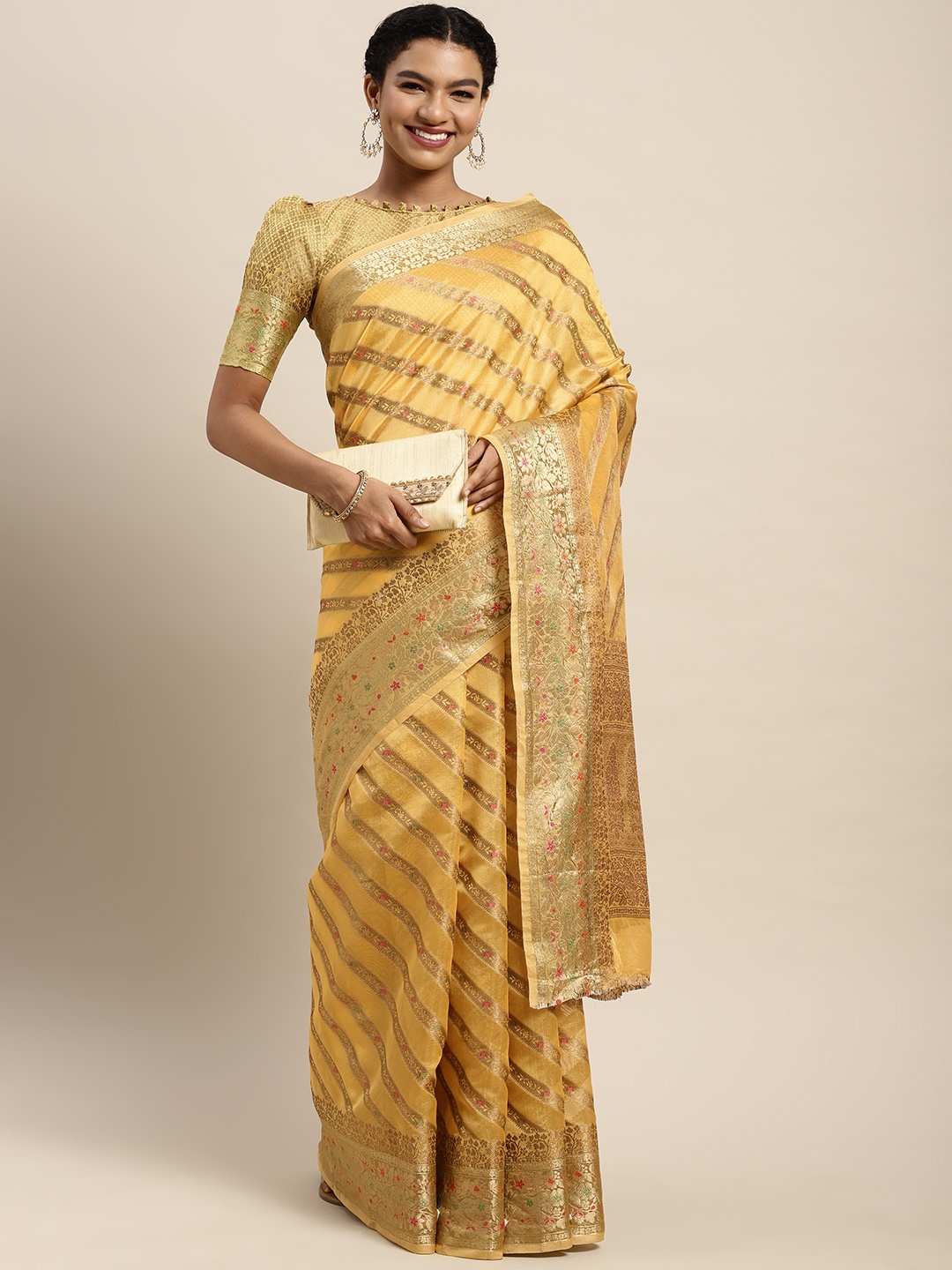 

Satrani Women Yellow Ethnic Motifs Woven Design Organza Kanjeevaram Saree