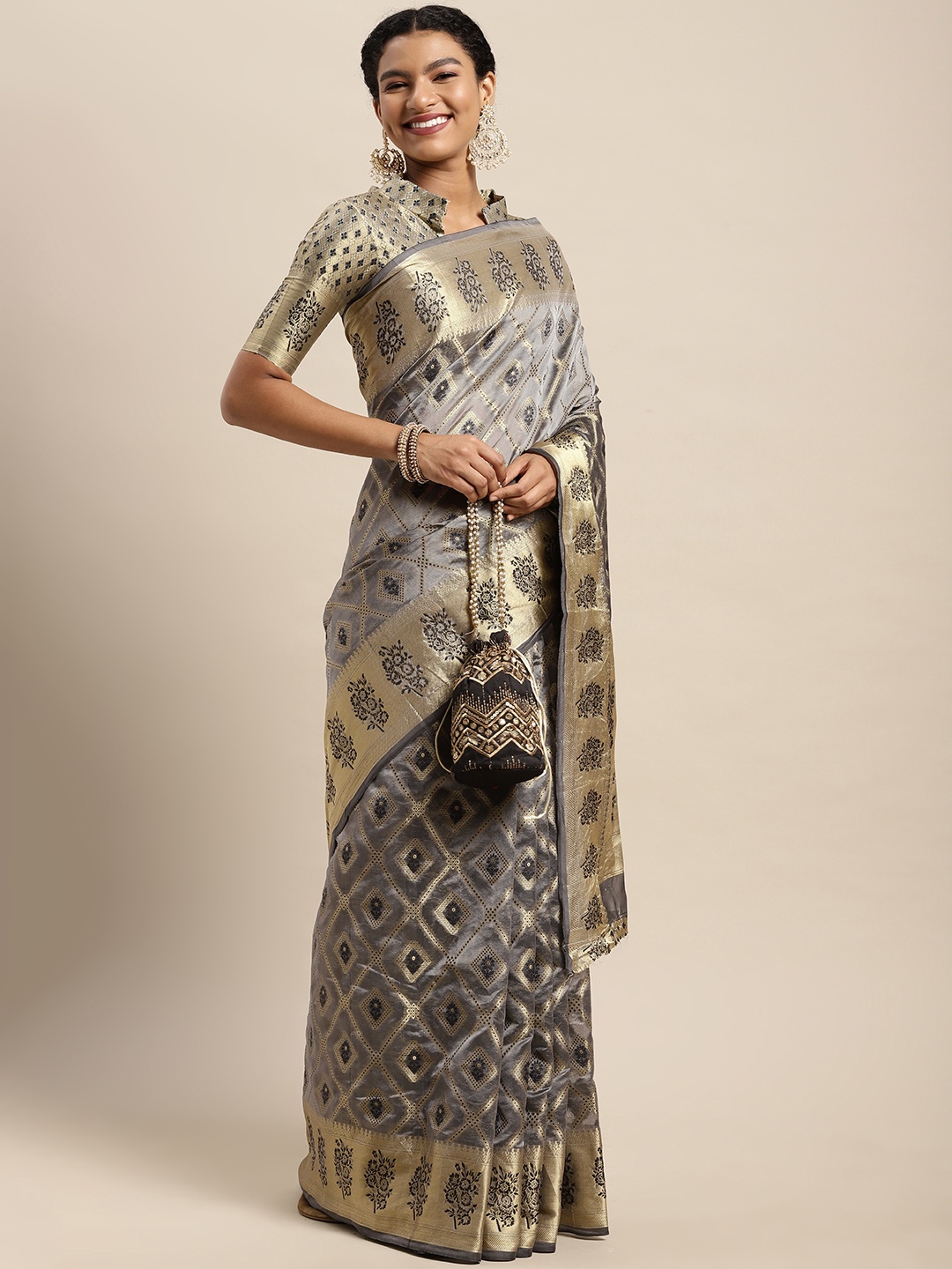 

Satrani Women Grey Geometric Woven Design Organza Kanjeevaram Saree